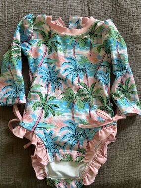Caden Lane Pink & Aqua Palm-Print Long Sleeve Baby Swimsuit and matching hat
